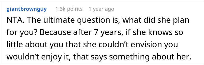 Comment from giantbrownguy discussing a husband's unexpected birthday with toddlers, a cabin, and a 5K run instead of quiet.