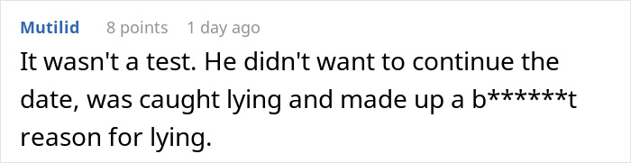 Screenshot of a Reddit comment discussing a failed first date where a guy faked an emergency and got caught lying.