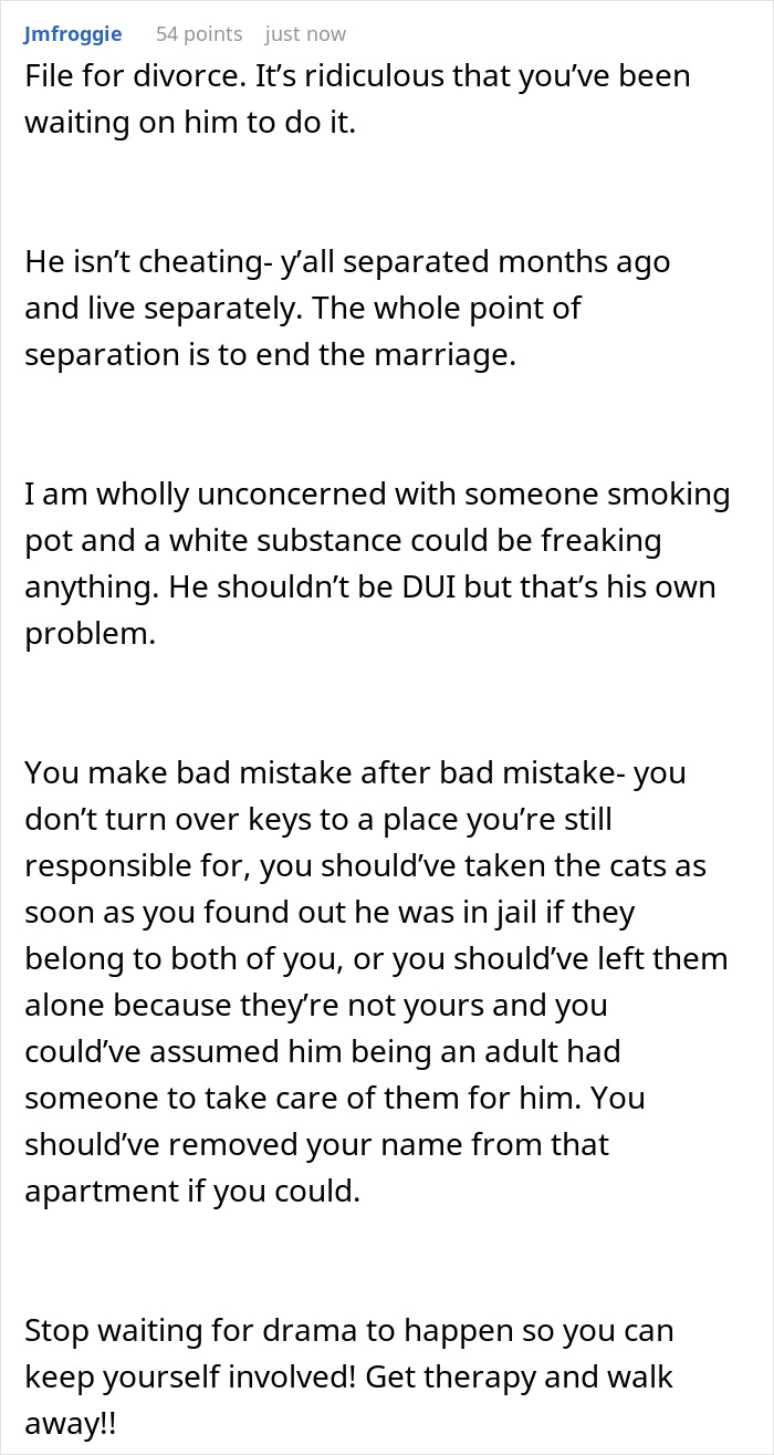 Commenter advising estranged wife to file for divorce and move on from jailed husband's cats and belongings.