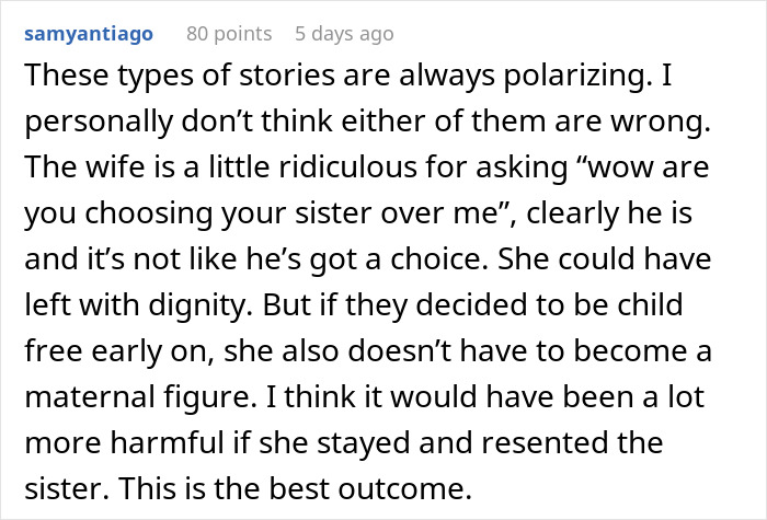 Comment discussing the wife refusing to adopt underage sister, highlighting differing opinions and relationship dynamics.