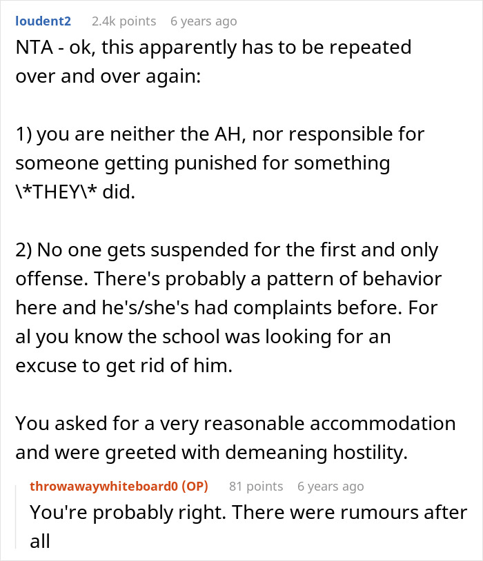 Reddit comment discussing a colorblind student confronting an arrogant professor about special needs accommodation.