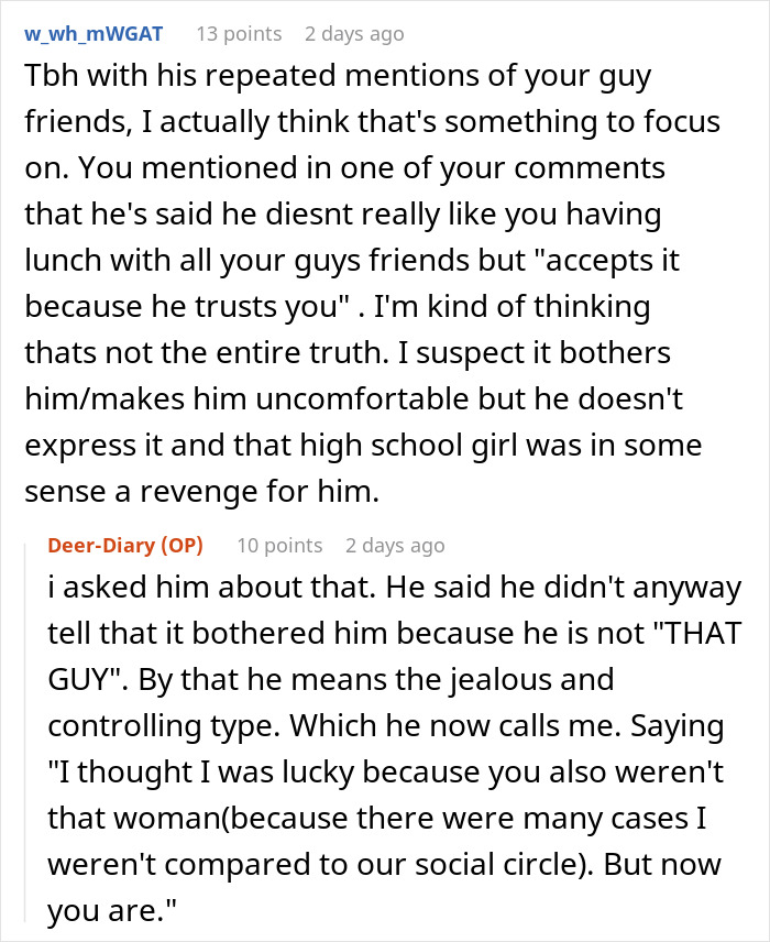 Reddit conversation discussing a married man texting a woman he loved 15 years ago and his wife's reaction.