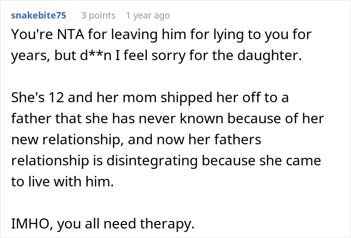 Screenshot of an online forum post discussing a man&rsquo;s marriage on the rocks after discovering he has a 12-year-old daughter.