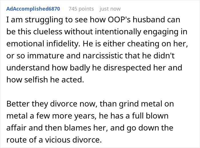 Comment discussing infertile wife’s disgust over husband’s baby-making plan involving having a baby with a friend.