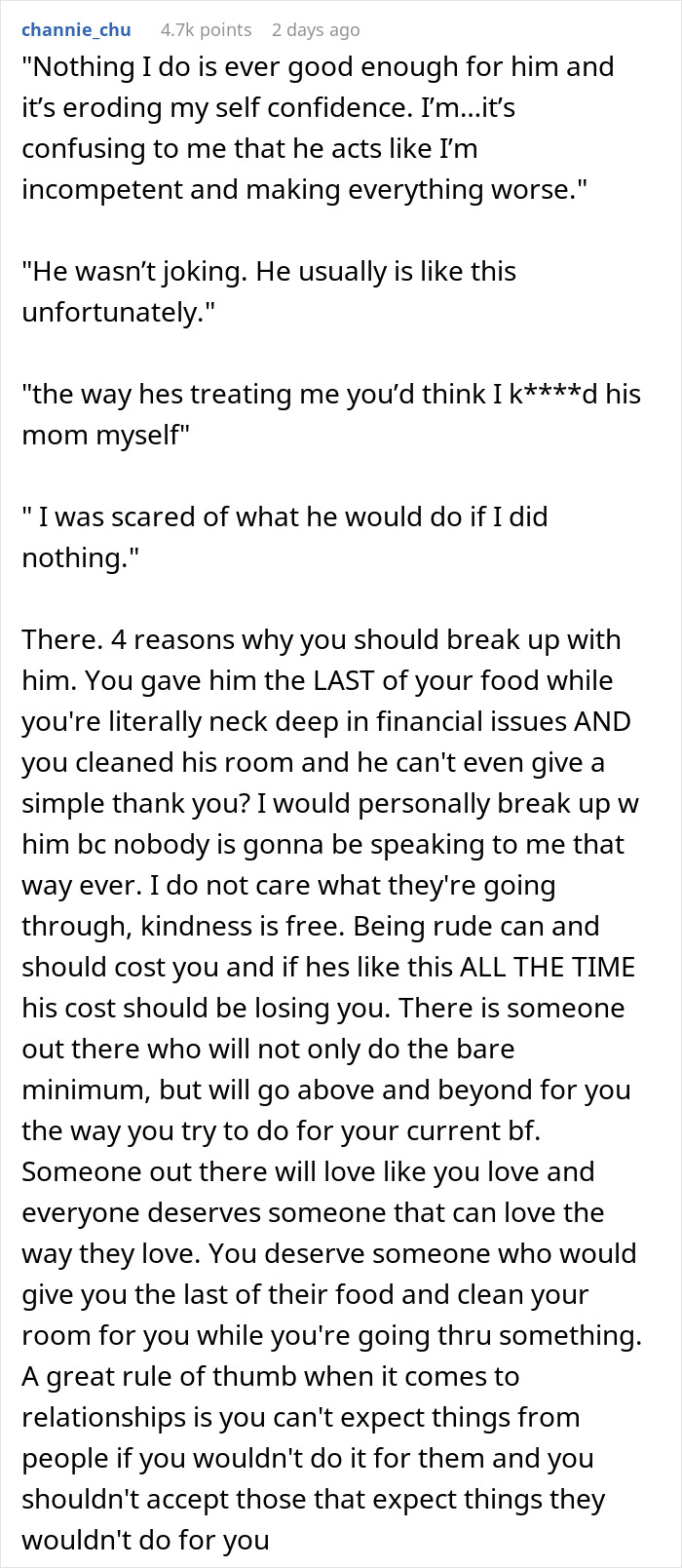 Woman brings leftovers to support boyfriend in mourning, faces criticism over food quality and care in relationship.