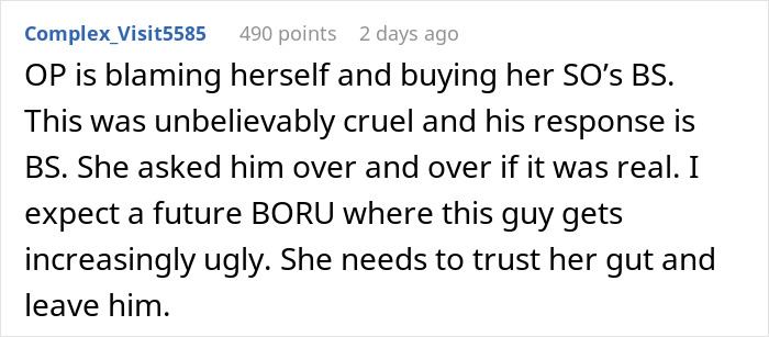 Comment on a forum post discussing boyfriend fake proposal at a love museum, expressing disappointment and advice to trust instincts.