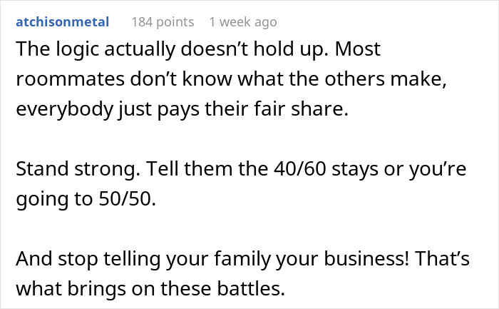 Comment discussing roommate rent splitting logic amid a veteran bro&rsquo;s pay increase and rent payment duty debate.