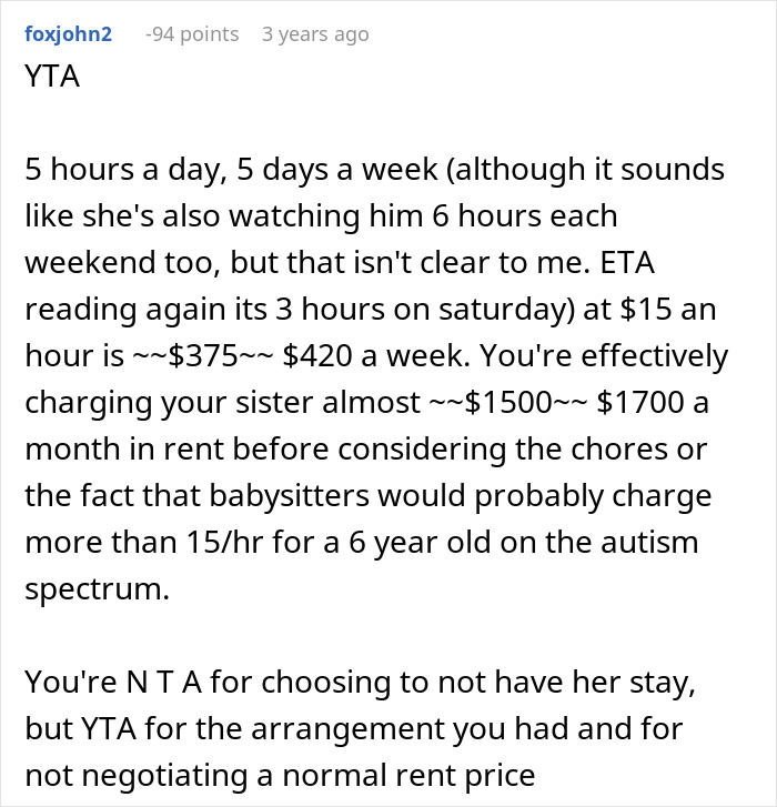 Comment discussing babysitting hours, rent charges, and the decision to refuse housing due to babysitting refusal.