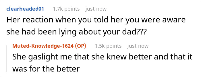 Screenshot of a Reddit conversation about a guy discovering his mom lied about his dad leaving when she was pregnant.
