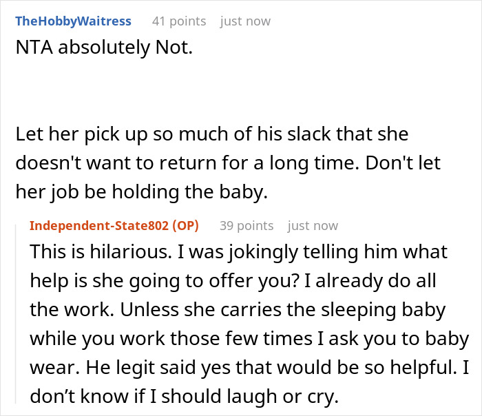 Reddit discussion about lazy hubby inviting mom to help, wife going on strike and dumping chores on him.