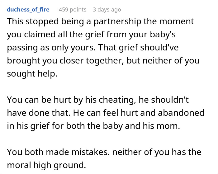 Reddit comment giving a reality check to woman about cheating husband and fair therapist&rsquo;s perspective on grief and mistakes.