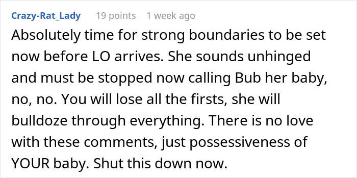 Comment warning about setting strong boundaries to avoid uncomfortable MIL actions toward pregnant woman&rsquo;s baby.