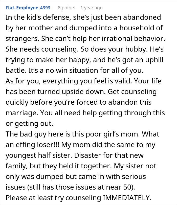 Comment discussing counseling and challenges in a man&rsquo;s marriage on the rocks after learning about his 12-year-old daughter.