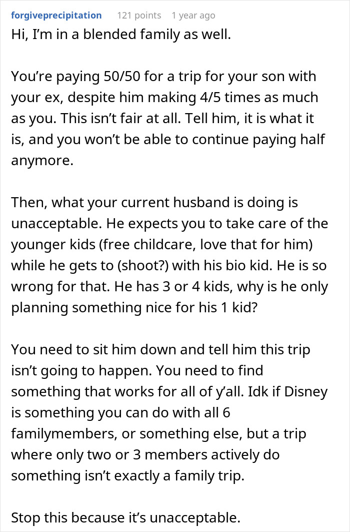 Reddit comment discussing blended family conflicts and unfair ski pass expense sharing despite income differences.