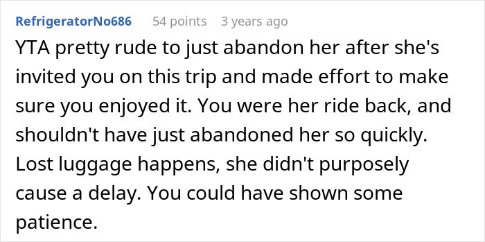 Reddit comment criticizing a woman for ditching her friend at the airport after her carry-on went missing, calling it rude.