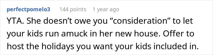 Reddit comment discussing a woman telling family no kids are allowed in her home, brother feeling targeted and upset.