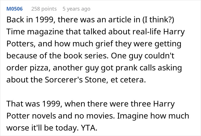 Comment discussing real-life challenges of naming son Harry Potter due to book series impact in 1999 before movies existed