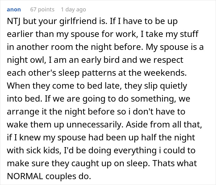 Comment discussing couples respecting each other's sleep patterns and what normal couples do regarding waking up.