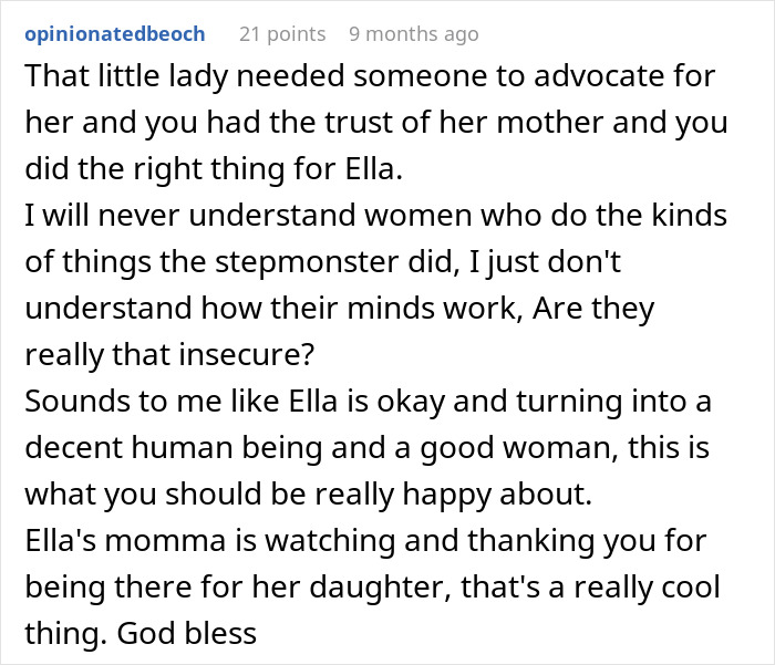 Comment praising a teen for standing up to a stepmom trying to erase late mom&rsquo;s memory and supporting the daughter&rsquo;s well-being.