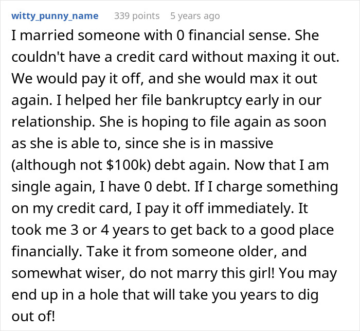 Comment from user about financial struggles in marriage, related to guy calling off wedding after fianc&eacute;e's secrets exposed.