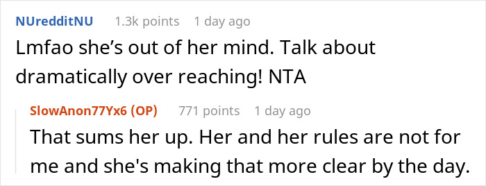 Screenshot of a Reddit conversation discussing a woman trying to enforce family rules on her boyfriend&rsquo;s son who does not live with them.