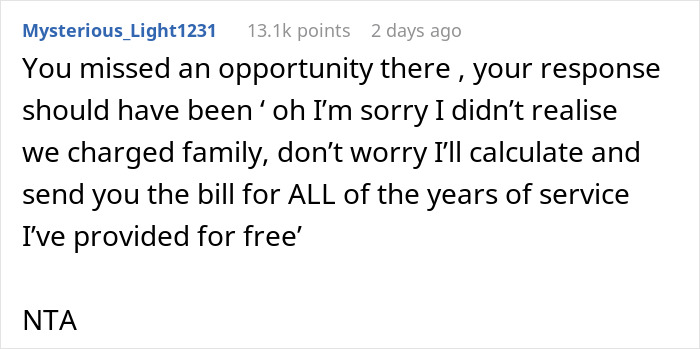 Screenshot of a comment explaining a missed opportunity related to sister refuses plan wedding and gets demoted guest situation.