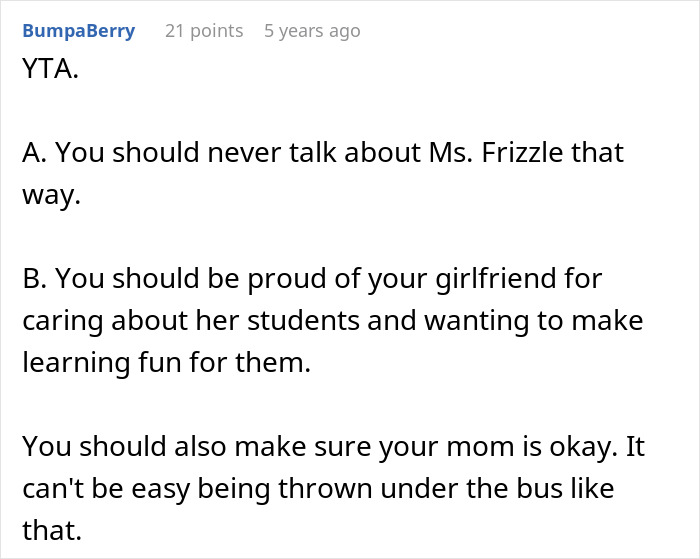 Comment criticizing man wanting girlfriend to stop dressing like Ms Frizzle, praising her dedication to making learning fun.