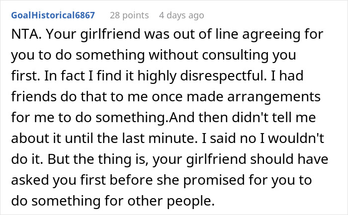 Screenshot of a Reddit comment discussing a woman volunteering her boyfriend for free labor without his consent.