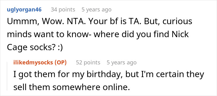 Screenshot of a Reddit conversation about a woman&rsquo;s fun sock collection and her boyfriend&rsquo;s reaction.