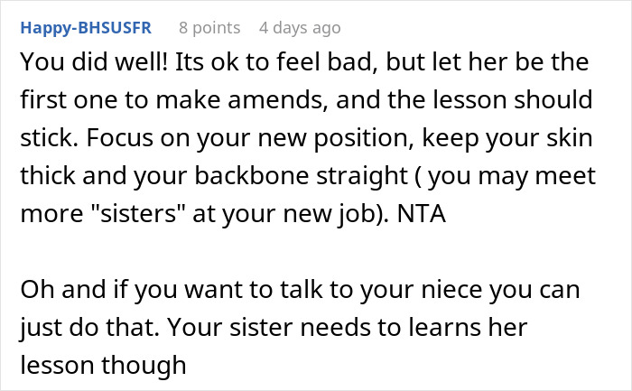 Screenshot of a comment offering advice on handling a sister&rsquo;s insult, mentioning woman fires back and family reactions.