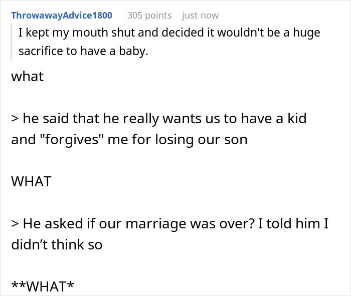 Reddit post showing infertile wife's reaction to hubby’s baby-making plan involving having a baby with a friend.