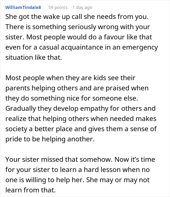 Screenshot of a Reddit comment discussing a woman repeatedly asking favors from family but not reciprocating help.