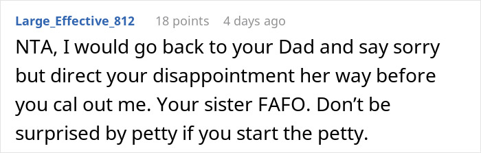 Screenshot of a comment discussing a woman firing back after sister insults her, causing husband to go red and kids confused.