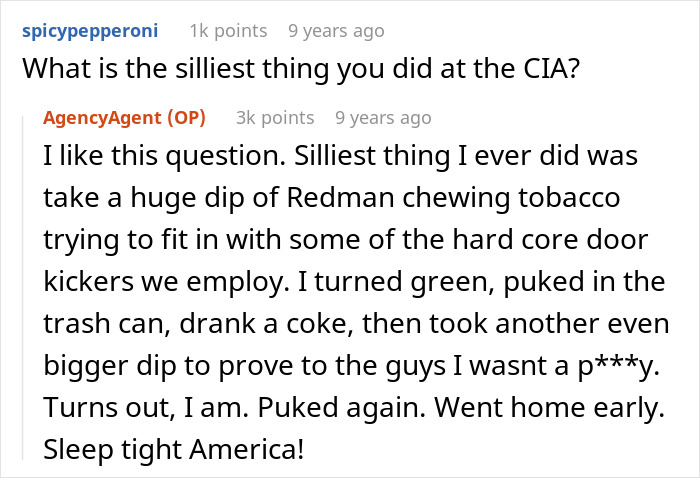 Screenshot of a former CIA case officer answering internet questions about experiences and challenges at the CIA in an AMA.
