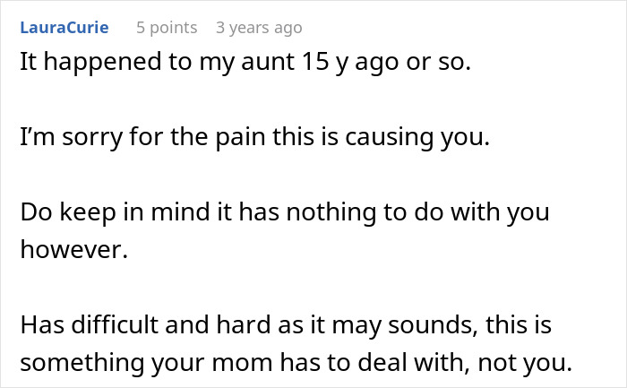Text-based comment about woman learning father had secret son, highlighting family falling apart and emotional pain caused.
