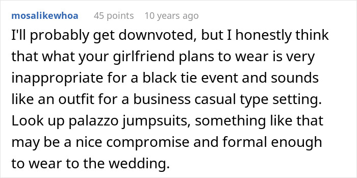 Comment discussing girlfriend refusing to wear dresses for a wedding, suggesting palazzo jumpsuits as a formal alternative outfit idea.