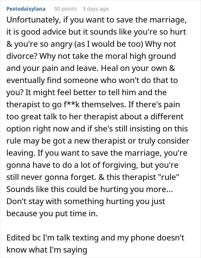 Comment from Internet user giving a reality check about cheating husband and advice from a fair therapist.