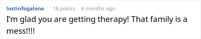 Text comment on a white background expressing relief about someone getting therapy and describing a family as a mess.