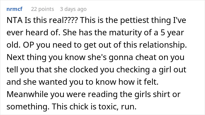 Comment expressing disbelief at a woman upset her boyfriend likes her gift, warning about toxic relationship signs.