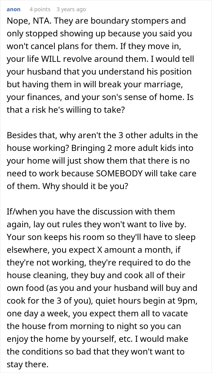 Text advice from anon about setting boundaries with in-laws constantly showing up unannounced and concerns over them moving in.