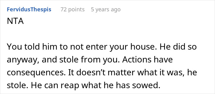Comment about cheating ex-wife's boyfriend stealing expensive Lego sets and facing consequences for theft.