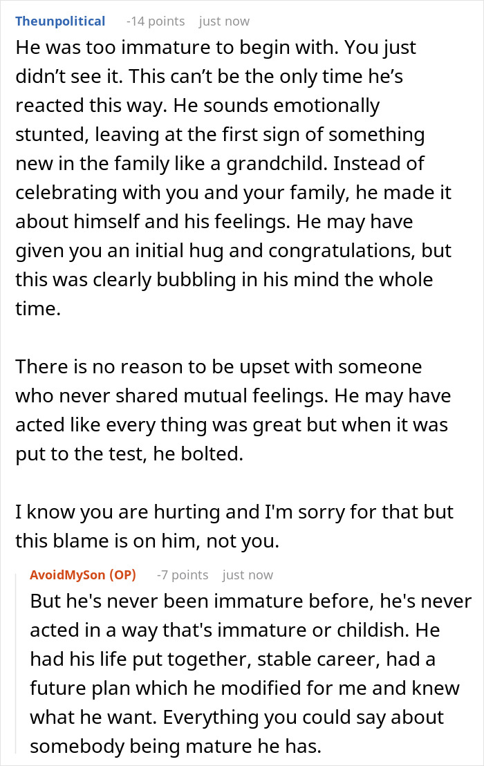 Reddit conversation discussing boyfriend breakup and new grandma family drama with emotional and maturity issues.