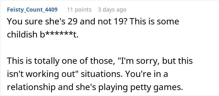 User comment expressing disbelief at childish behavior in a relationship where a woman expects to be dumped after gifting.
