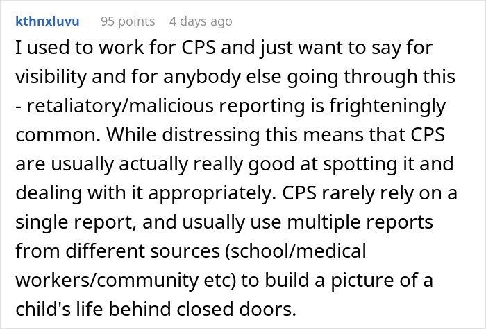 Comment discussing CPS experience, highlighting the commonality of postpartum boundaries retaliation and malicious reporting.