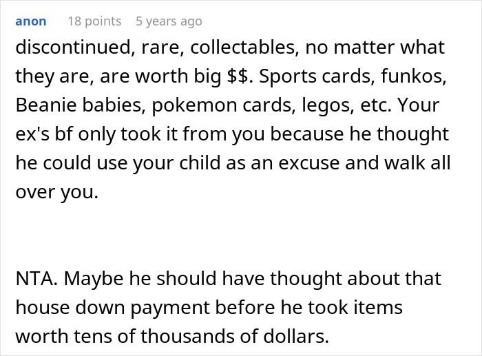 Comment discussing rare collectables including expensive Lego sets stolen by cheating ex-wife's boyfriend, leading to arrest.