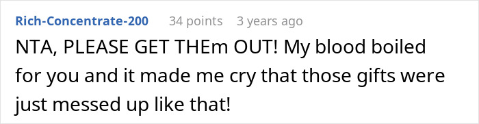 Screenshot of a Reddit comment expressing strong support for a woman kicking out late husband's brother and his kids.
