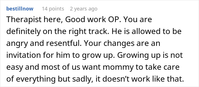 Comment discussing a therapist praising progress amid a man taking advantage of wife&rsquo;s submissive nature and her standing up.