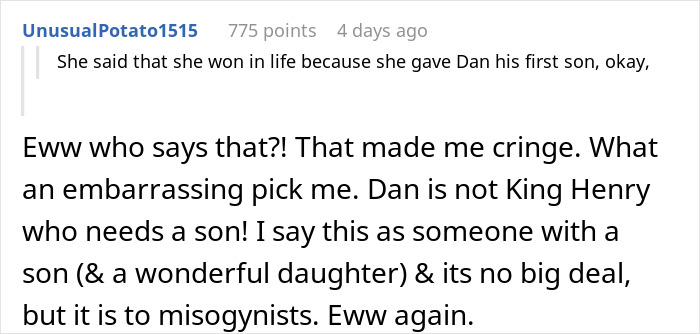 Comment discussing an arrogant mistress playing mom to boyfriend&rsquo;s kids and being defended against his ex for cruelty.