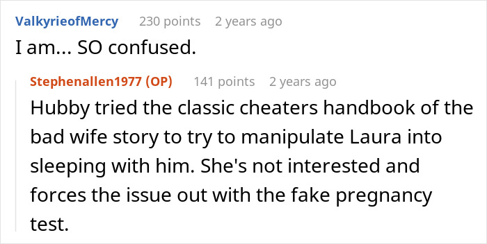 Screenshot of a Reddit conversation discussing a man spinning a tale about a pregnant female bestie, shocking his wife.