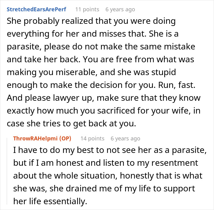 Reddit comments discussing a man giving his wife a second chance after she leaves and begs to be taken back.